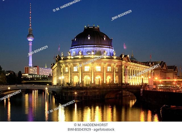 illuminated Bode Museum and television tower, Germany, Berlin
