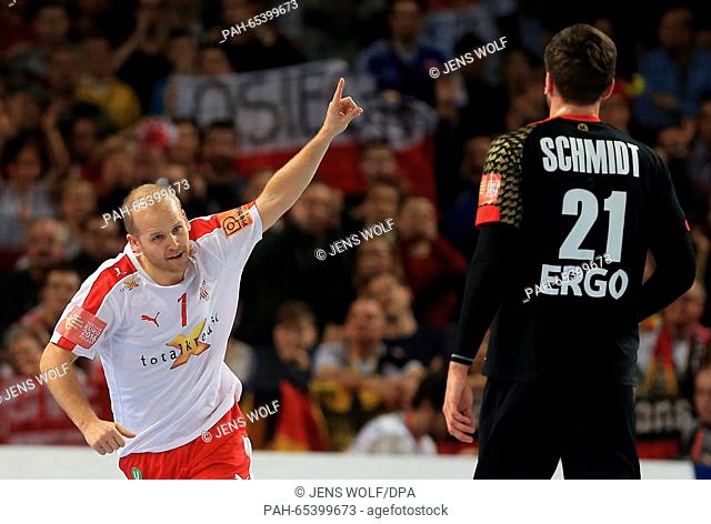 Denmark's Anders Eggert Magnussen celebrates during the 2016 Men's European Championship handball group 2 match between Germany and Denmark at the Centennial...