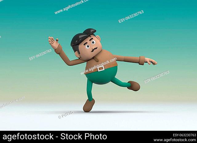 The man with mustache wearing a brown long sleeve shirt green pants. He is doing exercise. 3d illustrator of cartoon character in acting