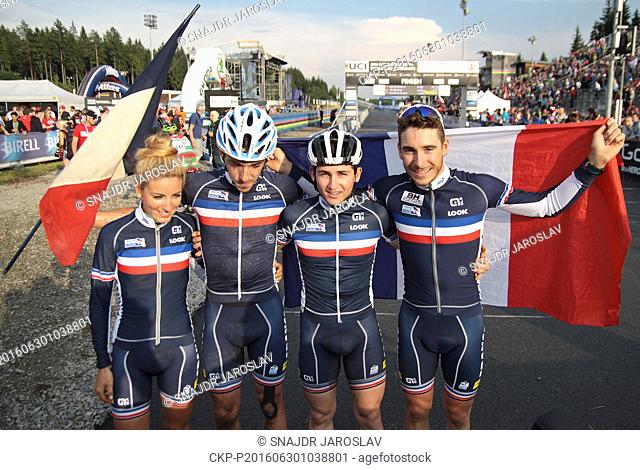 France (L-R, Pauline Ferrand-Prevot, Jordan Sarrou, Benjamin Le Ny, Victor Koretzky) won cross-country relay race at World Mountain Bike Championship in Nove...