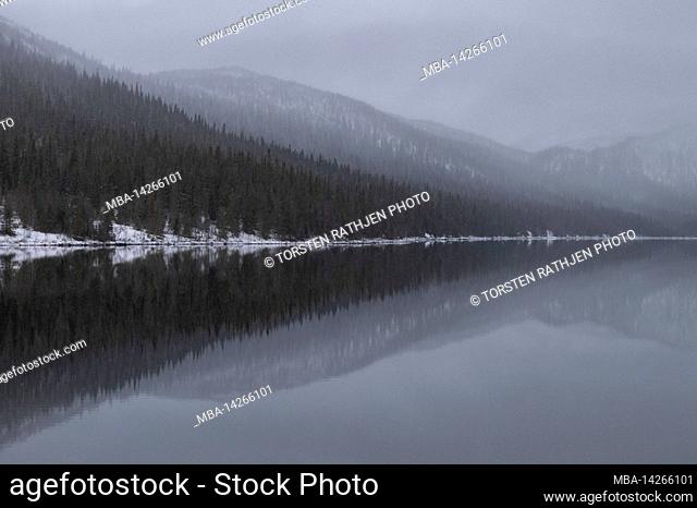 Reflection of hilly landscape on fell in fog in winter, Borgafjäll, Lapland, Sweden