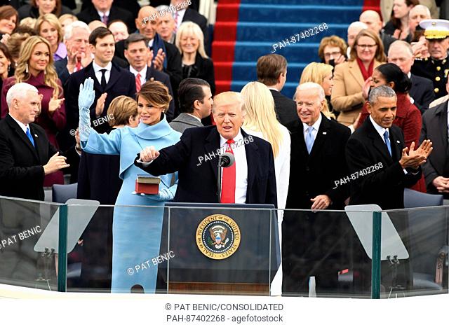 President Donald J. Trump waves after the Oath of Office at the inauguration on January 20, 2017 in Washington, D.C. Trump became the 45th President of the...