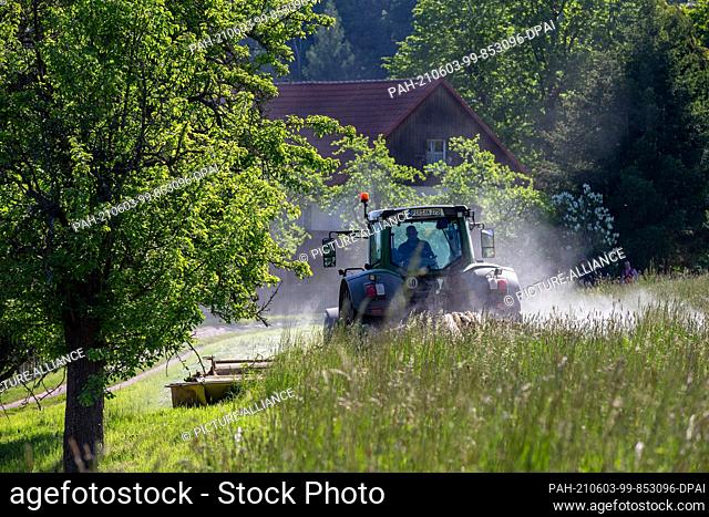 03 June 2021, Saxony, Kreischa: A farmer is driving his tractor with a mower attachment in a field in the morning. In the process, he passes a meadow orchard