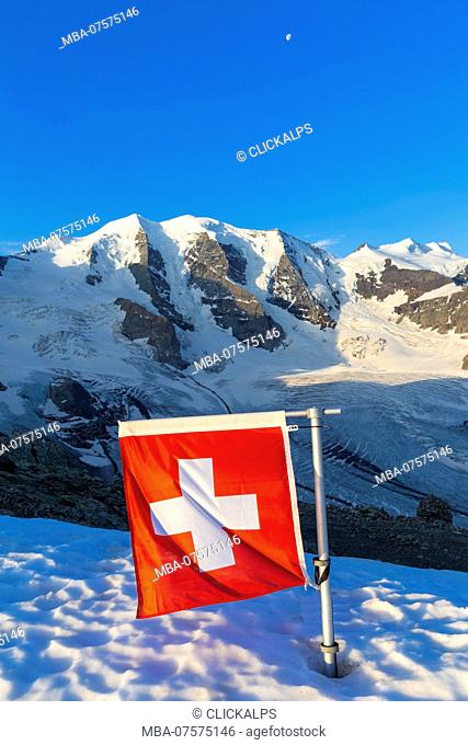 Switzerland flag with Palù Peaks and Vedret Pers Glacier in the background, Diavolezza Refuge, Bernina Pass, Engadin, Graubünden, Switzerland, Europe