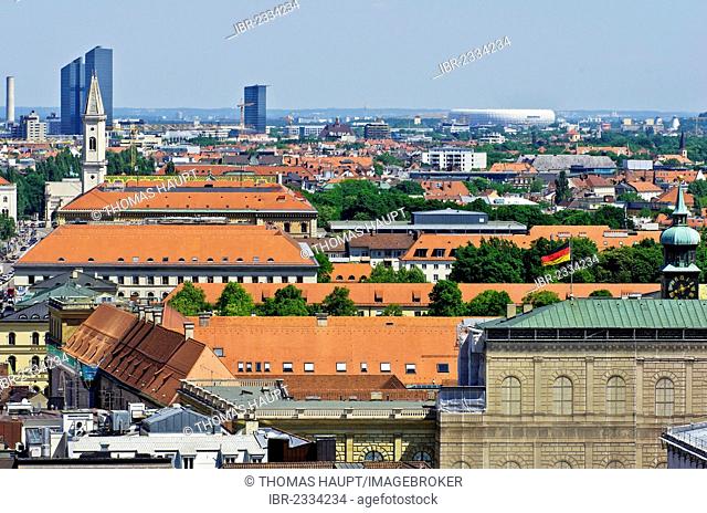 View over the roofs of Munich as seen from the steeple of the Church of St. Peter, Upper Bavaria, Bavaria, Germany, Europe