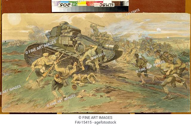 The Capture of a Tank in the Crimea. Samokish, Nikolai Semyonovich (1860-1944). Watercolour on paper. Realism. 1923. State Central Military Museum, Moscow