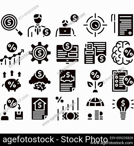 Investor Financial Glyph Set Vector Thin Line. Investor With Money Dollar And Lightbulb, Brain With Percentage Mark And Document Glyph Pictograms Black...