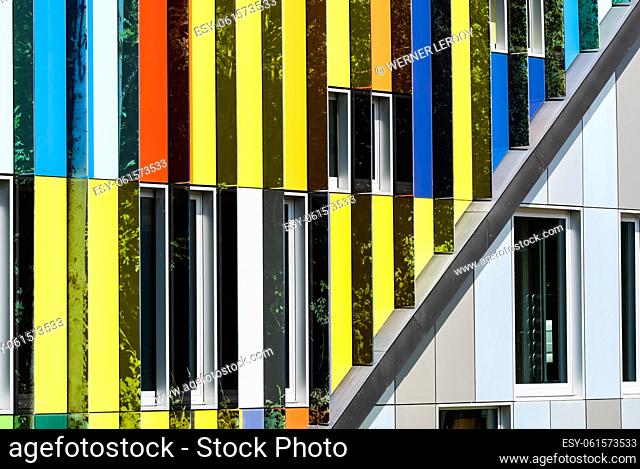 Dilbeek, Flemish Brabant Region, Belgium - 7 2 2021 abstract colors and lines from the facade of a contemporary music school building