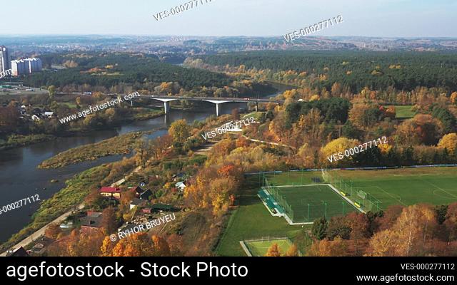Grodno, Belarus. Aerial Bird's-eye View Of Hrodna Cityscape Skyline. Residential District In Sunny Autumn Day