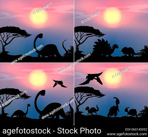 Set dinosaur in nature background illustration