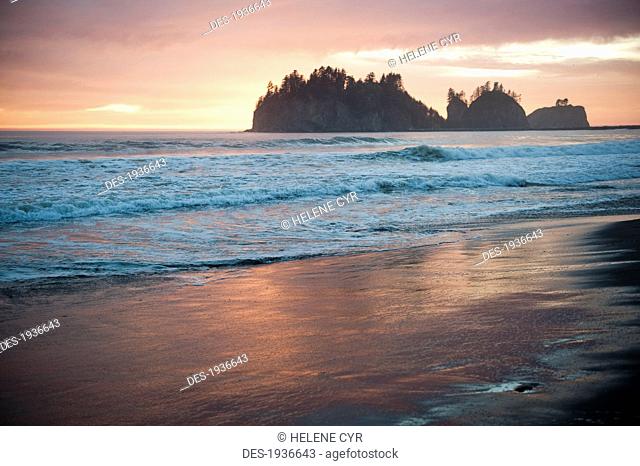 the wet beach on quileute river at sunset, la push washington united states of america