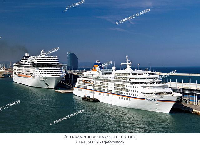 Cruise ships docked in the port of Barcelona, Spain