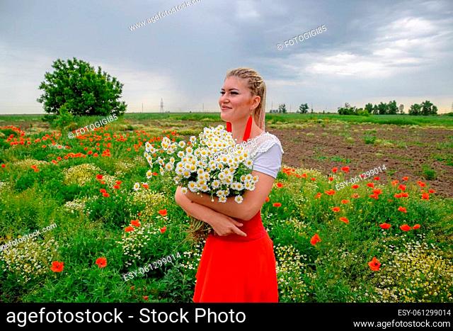 Young girl with a bouquet of daisies in a field. Daisies on a poppy field