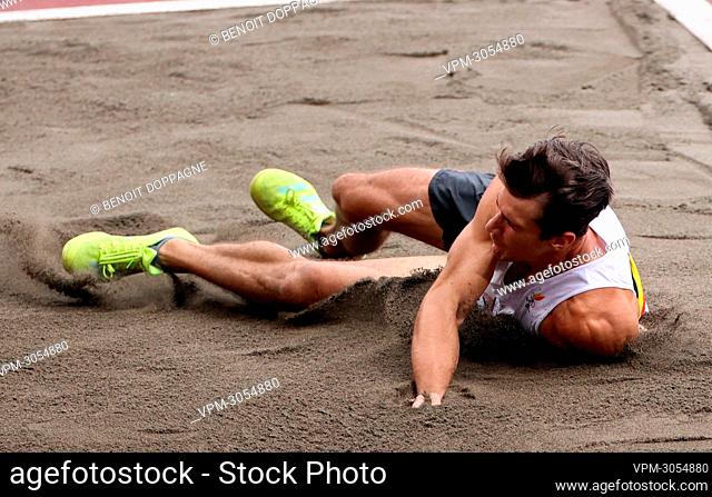 Belgian Thomas Van Der Plaetsen falls during the long jump contest, second event on the first day of the men's decathlon on day 13 of the 'Tokyo 2020 Olympic...
