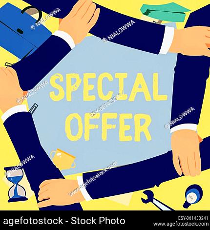 Text sign showing Special Offer, Business showcase Selling at a lower or discounted price Bargain with Freebies Four Hands Drawing Holding Arm Together Showing...