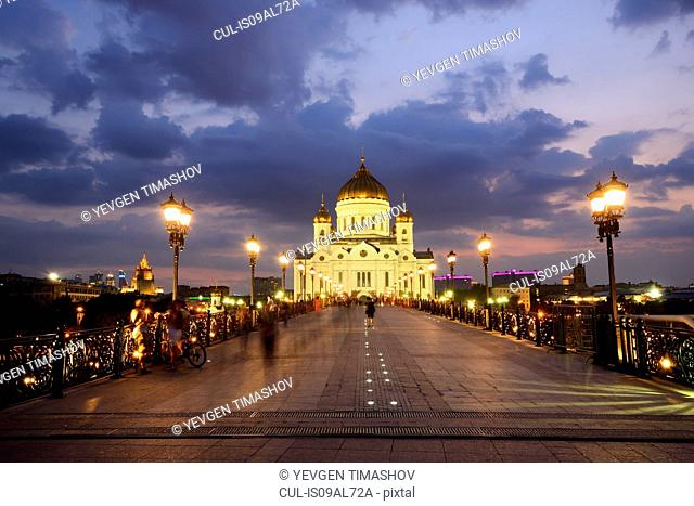 View of Cathedral of Christ the Saviour and Patriarshy Bridge at night, Moscow, Russia
