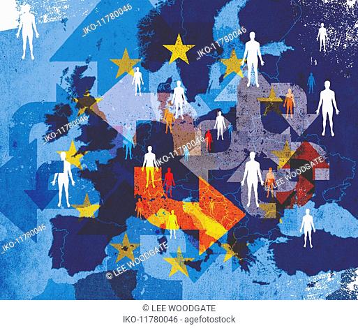 People across European Union with lots of confusing arrows pointing in different directions