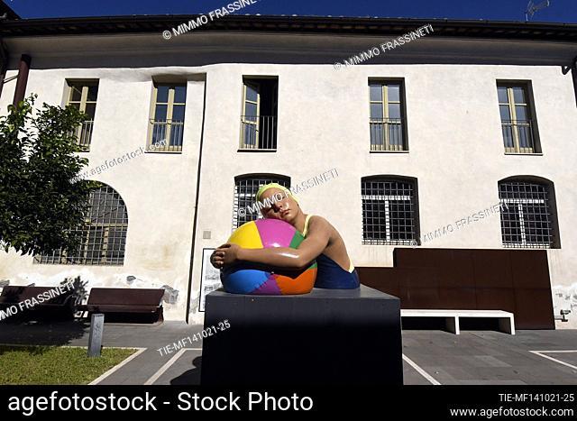 Sculpture Monumental Brooke with beach ball, 2012. American artist Carole A. Feuermann exposes at the Galleria Comunale d'Arte Moderna (Municipal Gallery of...