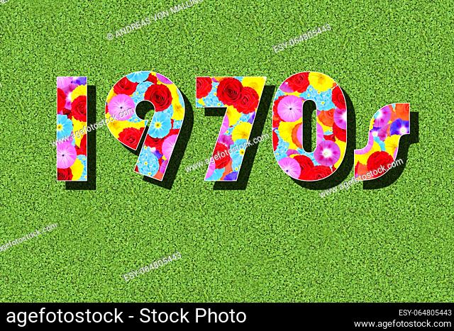 The Seventies, 1970s, 70s, written with colorful flowers on a green meadow, graphic, writing