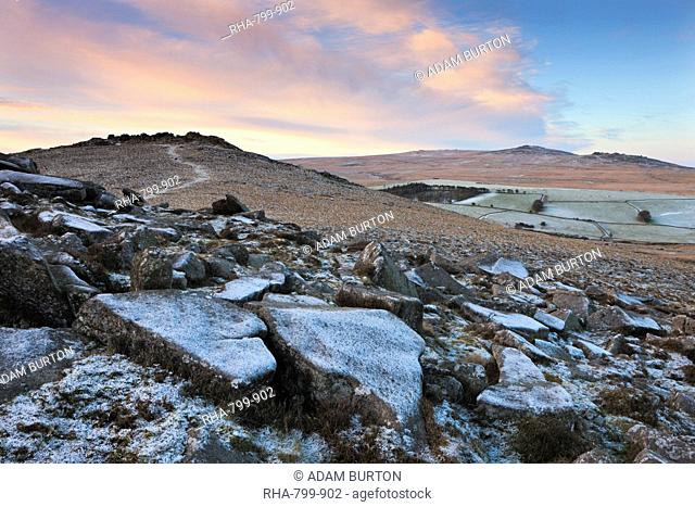 Frost covered Belstone Tor in winter, Dartmoor National Park, Devon, England, United Kingdom, Europe