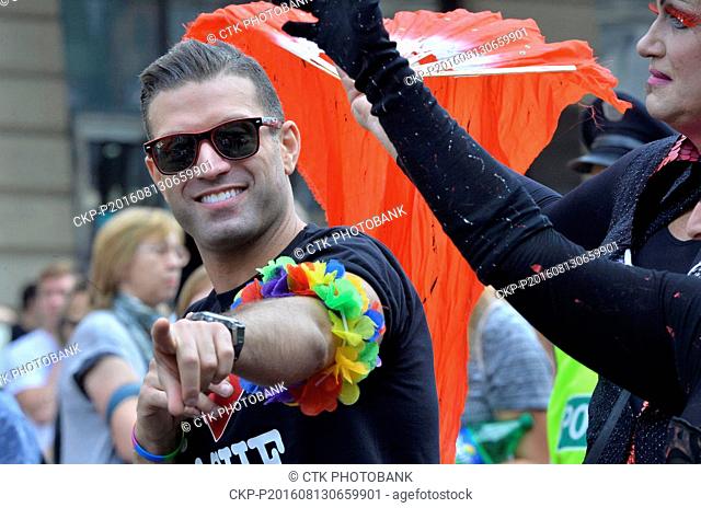 Omar Sharif Jr, left, grandson of the late famous Egyptian actor of the same name, the greatest star of Prague Pride march in Prague, Czech Republic, August 13
