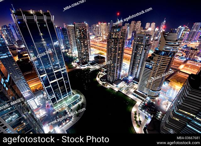 Jumeirah Lakes Towers (JLT) at night, New Dubai, United Arab Emirates