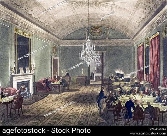 Great Subscription Room at Brooks's, St. James's Street. Circa 1808. After a work by August Pugin and Thomas Rowlandson in the Microcosm of London