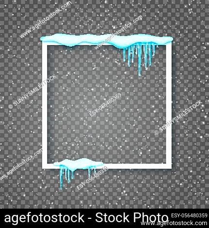 Border with realistic snow and icicles. Beautiful winter template for merry christmas. Vector illustration