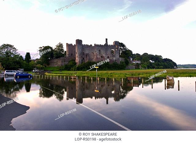 Wales, Carmarthenshire, Laugharne, A view toward Laugharne Castle and the river Taf