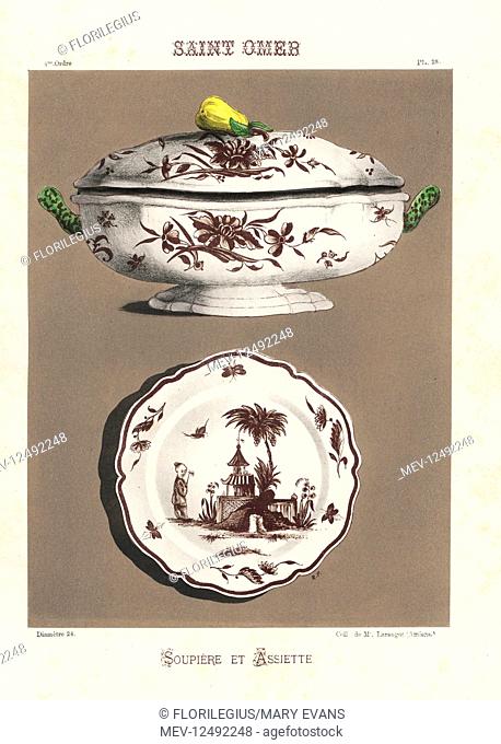 Soup dish and plate from Saint Omer, France. Decorated with Chinese landscape scene, insects, birds. Hand-finished chromolithograph by Ris Paquot from his...