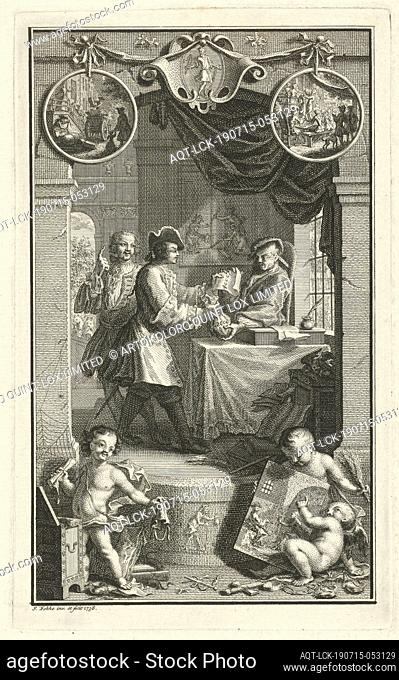 Creditor, A man gives coins and bills to a figure behind a table. Next to him is a man with a raised finger. In the foreground two putti, one with rod