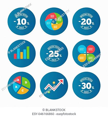 Business pie chart. Growth curve. Presentation buttons. Sale discount icons. Special offer stamp price signs. 10, 20, 25 and 30 percent off reduction symbols