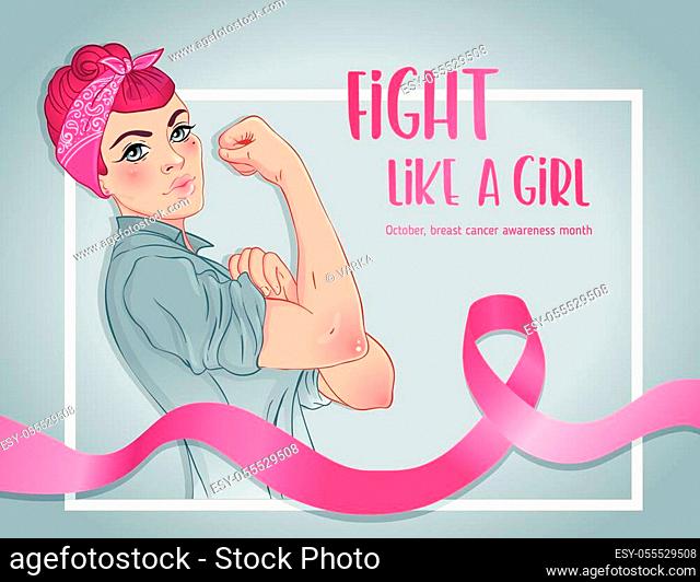 Fight like a girl. Caucasian girl with her fist raised up. Breast Cancer Awareness Month symbol. Vector illustration. Design inspired by classic vintage...