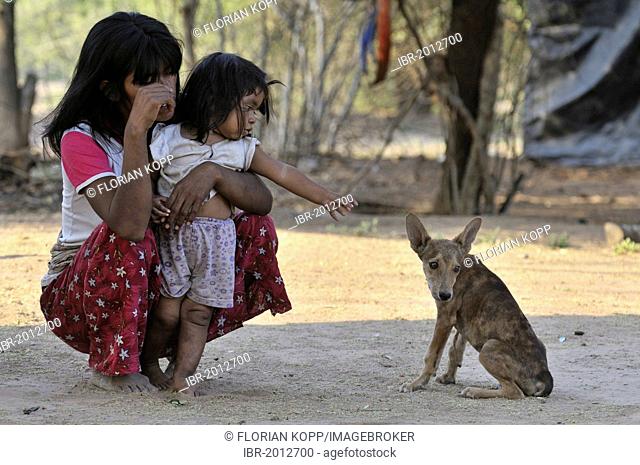 Indigenous mother and child with dog, indigenous community of Zapota, Gran Chaco, Salta, Argentina, South America