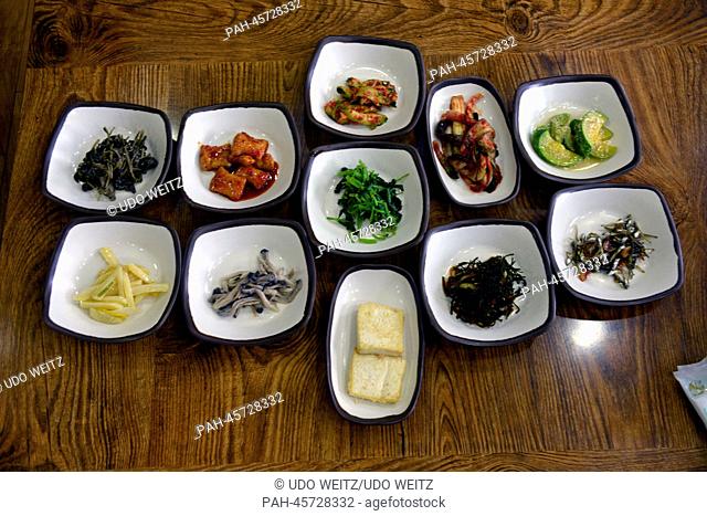A variety of South Korea's famous fermented vegetable dishes, including Kimchi at a restaurant in Danyang, South Korea, 21 March 2013