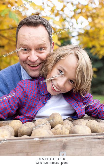 Germany, Leipzig, Father and son collecting potatoes