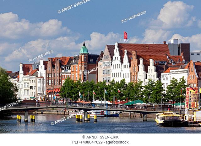 View over the river Obertrave along the Hanseatic town Lübeck, Schleswig-Holstein, Germany