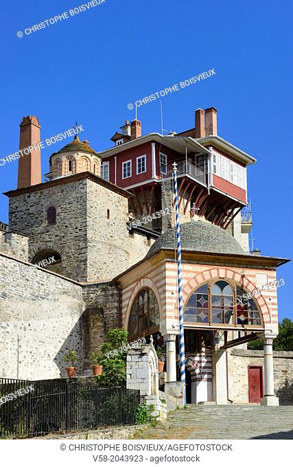 Greece, Chalkidiki, Mount Athos peninsula, listed as World Heritage, Vatopedi monastery, The main gate