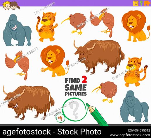 Cartoon Illustration of Finding Two Same Pictures Educational Activity Game for Children with Cute Wild Animal Characters
