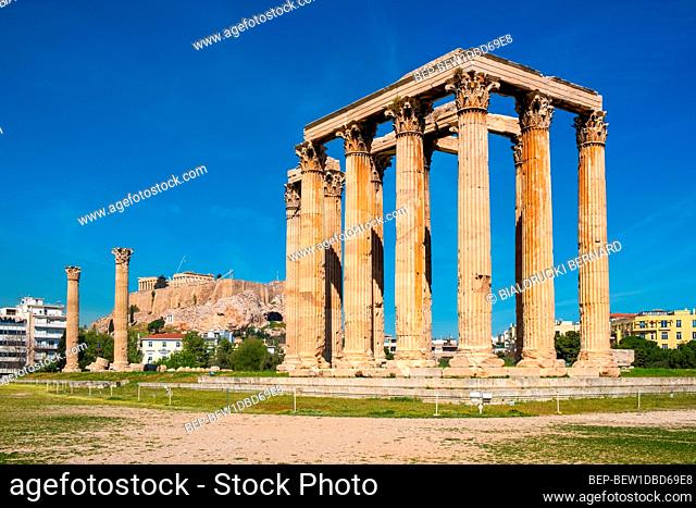 Athens, Attica / Greece - 2018/04/03: Panoramic view of Temple of Olympian Zeus, known as Olympieion at Leof Andrea Siggrou street in ancient city center old...