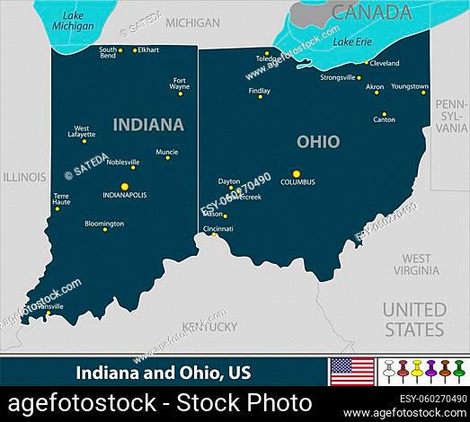 Vector of Indiana and Ohio states of United States with large cities
