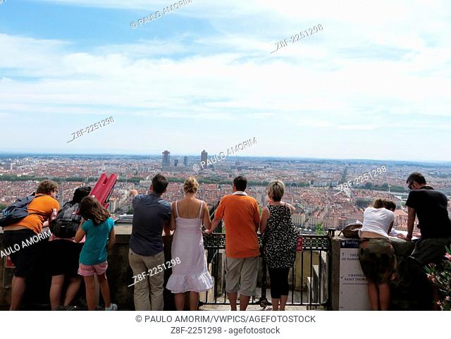 People enjoying from view from the Basilique Notre-Dame de Fourviere in Lyon, France