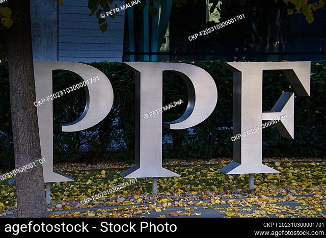 The entrance gate to the building of the international investment company PPF in Evropska Street in Prague on October 30, 2023