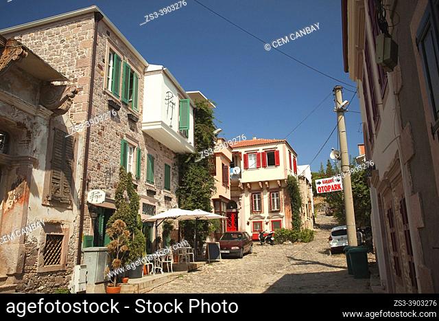 View to the traditional Ottoman-Greek houses with balcony at the town center of Cunda or so-called Alibey Island-Alibey Adasi, Ayvalik, Balikesir City