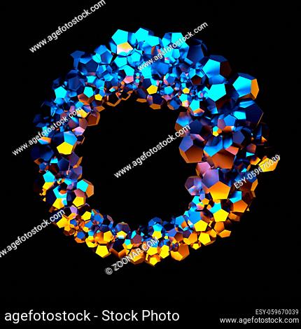 Abstract jewelry circular composition of low poly spheres and polygons in the form of a ring. Mockup frame for your design isolated on black background 3d...
