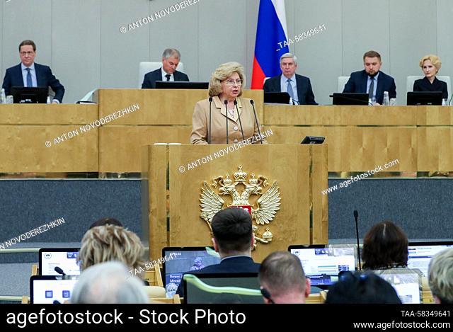 RUSSIA, MOSCOW - APRIL 11, 2023: Russia's Human Rights Commissioner Tatyana Moskalkova (C on the podium) speaks at a plenary meeting of the Russian State Duma