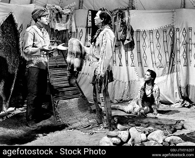 Fernando Lamas, Chief Yowlachie, Joan Taylor, on-set of the Film, Rose Marie, MGM, 1954