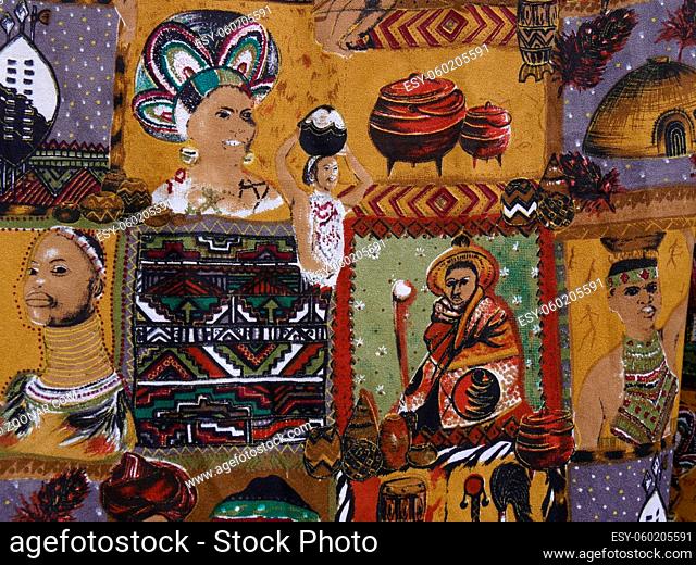 Close up of cloth with African designs on sale on stall, South Africa. High quality photo