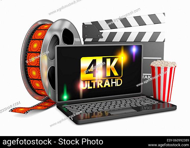 4K laptop, popcorn and film strip on a white background, 3d render