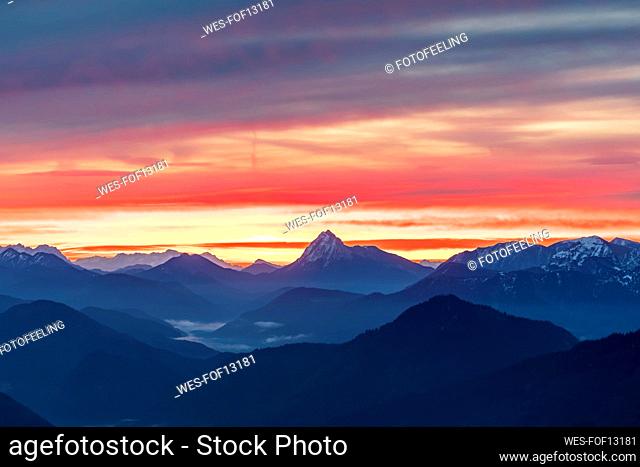 Germany, Bavaria, Bavarian Prealps at fiery dawn